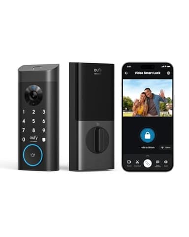 eufy Security Verrou intelligent vidéo E330, caméra 3 en 1 + sonnette + serrure de porte d'entrée sans clé à empreintes digitales, serrure de porte WiFi, télécommande par application, HD 2K, caméra de