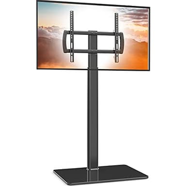 Support TV Universel sur Pied, pivotant à 80°, réglable en Hauteur, Peu encombrant pour TV, LCD, LED, OLED de 27 à 55’’, Parfait pour Le Coin d’Une pièce ou Une Chambre à Coucher