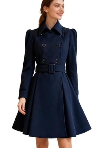 ForeMode Caban en laine à double boutonnage pour femme avec boucle de ceinture Printemps mi-longue Manches longues, bleu marine, Large