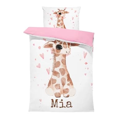 Ensemble de Parure de Lit Personnalisable avec Nom pour Bébé et Enfant - Couleur de base en coton sélectionnable - Animaux, Housse de Couette Zippée et Taie d'Oreiller Incluses (girafe, 80 x 120)