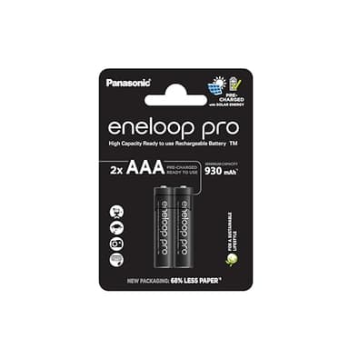 eneloop Pro, Piles Rechargeables AAA/Micro, Lot de 2, capacité de Min. 930 mAh, Piles Ni-MH, prêt à l'emploi, Rechargeables jusqu'à 500 Fois, Emballage sans Plastique, Pro, Noires