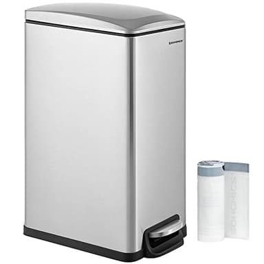 SONGMICS Poubelle de Cuisine 48L, Poubelle à Pédale, Fine, pour Petits Espaces, Couvercle à Fermeture en Douceur, avec Seau Intérieur, en Acier Inoxydable, 15 Sacs Poubelle Inclus, Argent LTB510E48