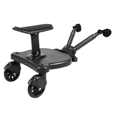 Buggy Board avec siège, planche de poussette avec roues pivotantes à 360 °, tige de connexion réglable, longueur de charge 25 kg, pour la plupart des poussettes