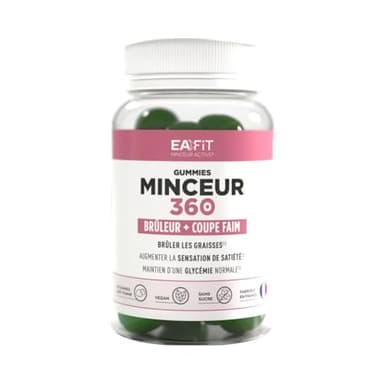 MINCEUR 360 Gummies EAFIT | Coupe faim et bruleur | Réduit les sensations de faim | Brûleur de graisses | Contient du Chrome, Nopal et Cola | Goût pomme sans sucre | 60 gummies | Fabriqué en France