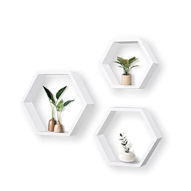 AHDECOR Étagère Flottante Suspendue Lot de 3 Étagères hexagonales Support Mural Meuble Rangement Bois, Blanc, MDF