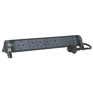 Legrand, Multiprise rotative, 5 Prises, multiprise, connecteur USB-A et USB-C, Protection Contre Les surtensions intégrée avec indicateur d'état (SPD), câble de 1,5 m, Noir/Gris foncé, 694514