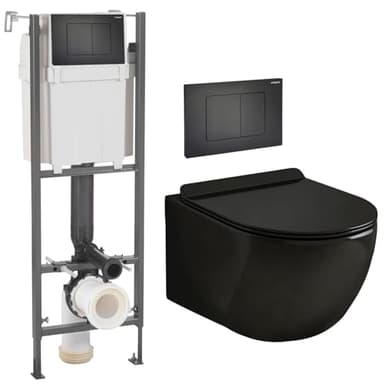 Coribi Pack Complet WC Sans Bride + Cuvette Suspendu Sans Bride + Plaque DESIGN - Toilette Design Moderne - Cuvette Céramique (Bâti initio sur mur porteur, Plaque noir mat soft touch)