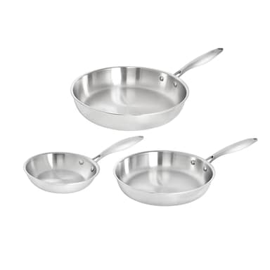 TeCuisine - Lot de 3 Poêles Inox 18/10 Triply – 16 cm – 26 cm – 30 cm – Sans Revêtement – Sans PFAS, PFOA, PTFE – Compatible Tous Feux Dont Induction – Manche Riveté Froid – Cuisson Saine et Durable
