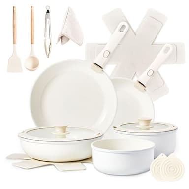 LEADZM Batterie de Cuisine Induction,Casserole Induction,poele,Set de Casseroles et Poêles en Céramique Antiadhésif - 19 Pièces avec Poignées Détachables(blanc cassé)