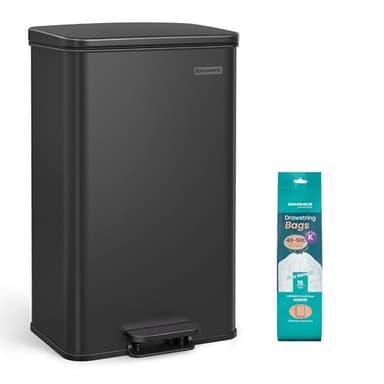 SONGMICS Poubelle de Cuisine 40L, Grand, Corbeille à Déchets à Pédale avec Couvercle, en Acier, Fermeture en Douceur, 15 Sacs Poubelle Inclus, Noir LTB540B4002