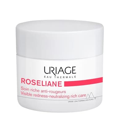 Uriage Roseliane Crème Riche Anti-Rougeurs - Beurre de Karité, Extraits de Ginseng et Algues - Apaise, Hydrate, Atténue les Rougeurs - Confort Durable - Peau Sèche et Sensible - Non Comédogène - 50ml