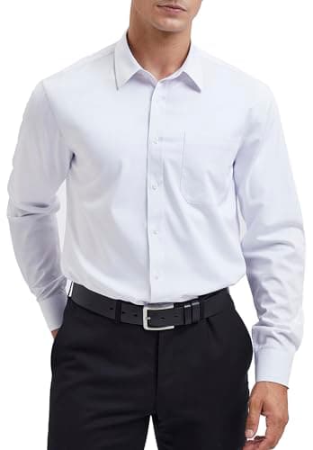 HISDERN Chemise Blanche à Manches Longues pour Hommes Chemise Habillée en Fibre de Bambou Coupe Régulière Chemise sans Repassage avec Poche,XL