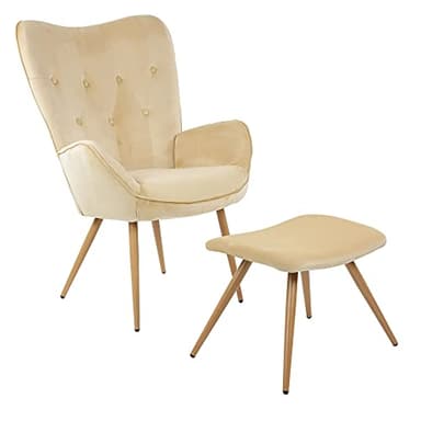 ALBATROS Fauteuil à oreilles avec tabouret York Beige – Vintage et élégant – Housse en velours – Fauteuil de lecture ou fauteuil de relaxation élégant et certifié SGS avec tabouret au look moderne