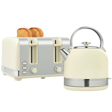 HOMCOM Ensemble bouilloire et grille-pain 2200 W, bouilloire en inox 1,7 L avec isolation et grille-pain 4 tranches, 7 niveaux de brunissage, décongélation, réchauffage et plateau à miettes, crème