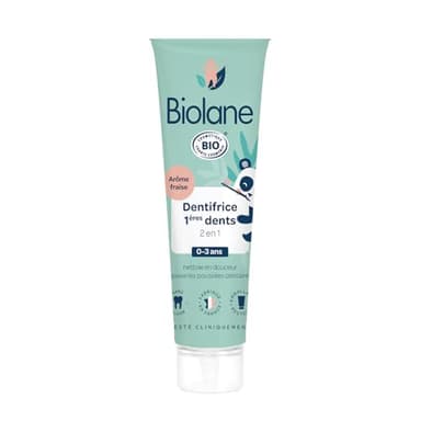 BIOLANE - Dentifrice Bebe 2en1 - Nettoie les 1eres dents - Apaise les poussées dentaires - Sans Fluor - Arôme fraise - Fabriqué en France - 50 ml