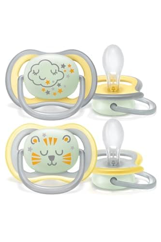 Philips Avent Lot de 2 sucettes ultra air, bébé de 18 mois +, pastille phosphorescente, orthodontique et sans BPA, avec boîtier de stérilisation et de transport, nuage & tigre (Modèle SCF376/01)