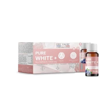 PURE WHITE + GLUTATHION 1000mg - Complément Alimentaire Antioxydant Ultra-Concentré - Peau Eclatante, Contre le Stress Oxydatif - Programme 10J - Saveur Myrtille - Faible en Sucres - Eric Favre
