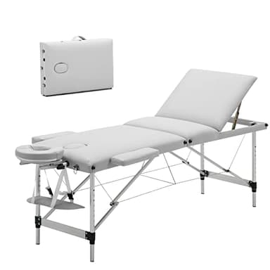 Mondeer Table de Massage Pliante, Lit Cosmétique Pliante Aluminium Professionnel, Lit de Massage Portable, avec Housse de Transport,3 Zone, Blanc