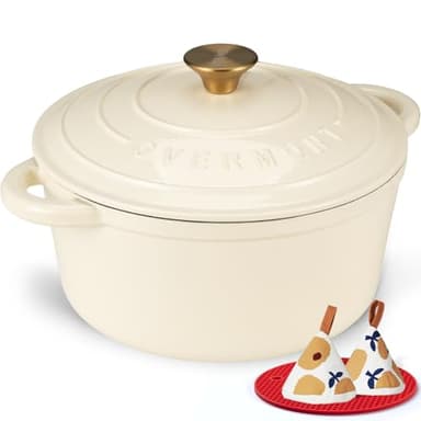 Overmont Cocotte en Fonte Émaillée - Ø24 cm Casserole Antiadhésive Avec Couvercle et Maniques en Coton - Batterie de Cuisine Robuste pour Braiser Ragoûts Rôtir Pain - Blanc crème