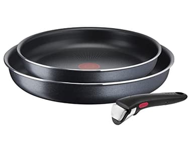 Tefal Ensemble de 3 poêles Ingenio XL Force L15892 | 22/26 cm + 1 poignée amovible | empilable | revêtement antiadhésif | indicateur de température à signal thermique | gris/bleu