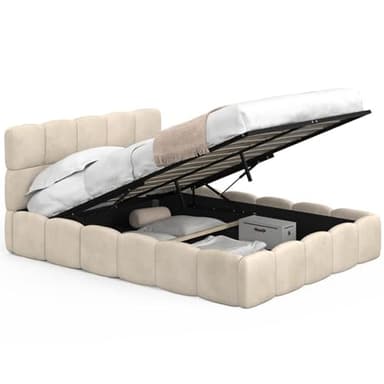 IDMarket - Lit Coffre Double Nuage avec tête de lit matelassée et sommier 140 x 190 cm Velours Beige