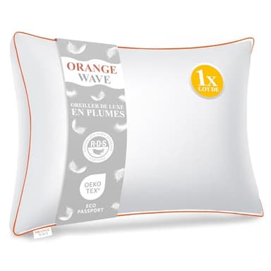Orange Wave Oreiller Plume 50x70 - Coussin de Luxe 50x70 cm en Duvet et Plume, Qualité Hôtelière et Confort Oreiller Moelleux, Certifié RDS et Oeko-TEX pour Un Soutien Optimal