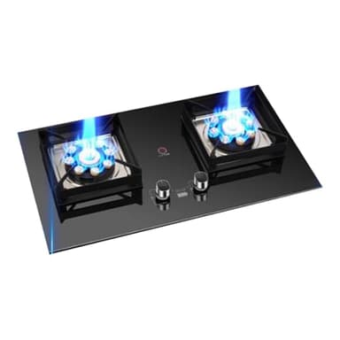 Cuisiniere Gaz Double 9.0Kw - Verre Trempé Cuisiniere, Cuisinières À Gaz À Allumage Électronique par Impulsion Table Et Encastrées, Cuisinière À Gaz Bilatérale À Minuterie 180 Minutes(LPG)