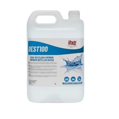 Eau distillée 100% pure 5 L, idéale pour les batteries, les fers à repasser, les humidificateurs, le nettoyage, les moteurs, les CPap, les laboratoires. Eau déminéralisée, eau déionisée. Conductivité