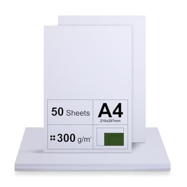 Lot de 50 Feuilles Cartonné A4 - Papier Épais 300 g/m² pour Imprimante - Blanc - Non Imprimé pour Travaux Manuels, Présentations, Cartes de Vœux