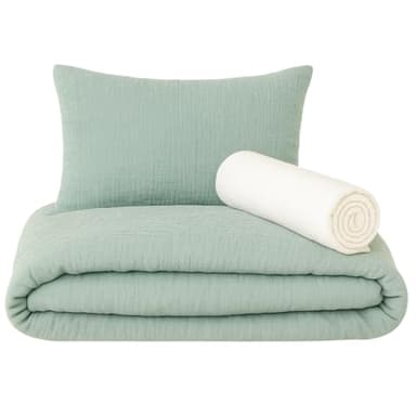 Drap Housse 80x160 cm + Housse de Couette (100% Mousseline Coton) 120x170cm + Taie Oreiller (100% Mousseline Coton) 40x60cm - Parure 3Pcs 80x160 cm - Douce et aérée (Eucalyptus, 80 x 160 cm)