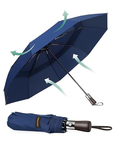 TECKNET Parapluie Pliant Automatique Compact, Parapluie Solide Homme de Voyage, Revêtement en Téflon 210T, Anti-Tempête, Double Toit Coupe-Vent Ventilé, Poignée en Bois Véritable, Bleu