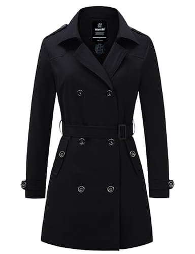 Wantdo Femme Trench-Coat à Double Boutonnage Ceinture Coupe-Vent à Bouton Veste Coupe Ajustée Manteaux Epaulettes d'Epaule Noir-2X 40