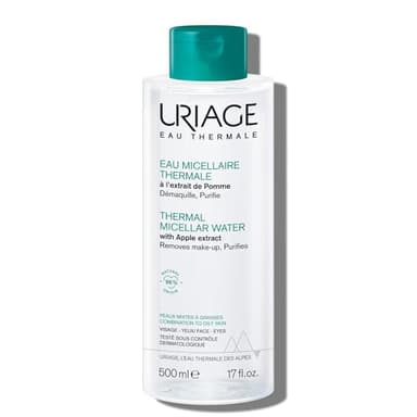 Uriage Eau Micellaire Thermale - Peaux Mixtes à Grasses - Visage et Yeux - 3-en-1 : Nettoie, Démaquille, Purifie - Sans Rinçage - Parfum Fruité et Floral - 96% d’Ingrédients d’Origine Naturelle 500ml