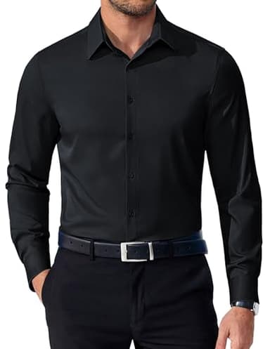 WINKEEY Chemise Homme Infroissable Chemise de Bureau Manches Longues sans Repassage Formel Habillé Cérémonie, Noir L