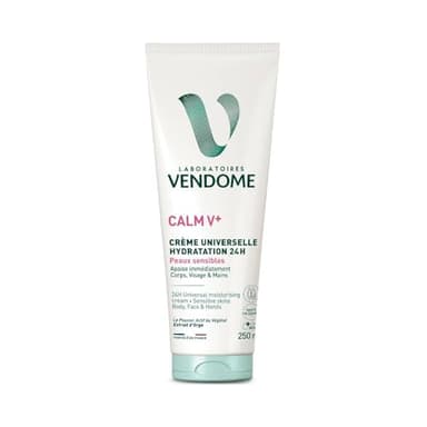 LABORATOIRES VENDÔME - CALM V+ - Crème Universelle Hydratation 24H - Apaise Et Hydrate Immédiatement Corps, Visage & Mains - Enrichi En Extrait D'Orge - Texture Légère - Peaux Sensibles - 250ml