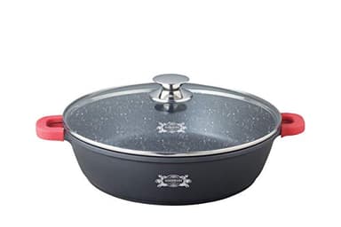 Haussmann Héritage Sauteuse Façon Pierre avec Couvercle Verre – Fonte d'Aluminium Induction & Four (260°C) – Poignées Silicone Isolantes – Grande Capacité pour Cuisine Familiale (40cm/9cm/10L)