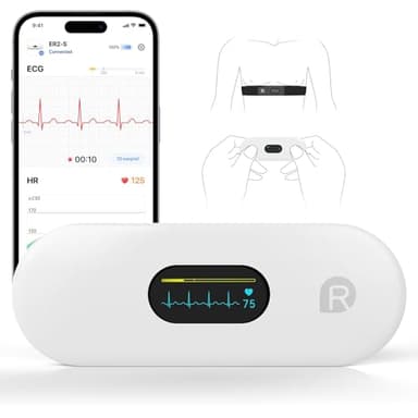 CheckMe ER2-S ECG pour la maison Appareil ECG portable avec sangle pectorale précise (enregistrement de 30 secondes à 15 min), visualisation de l'application en temps réel, espace de stockage illimité