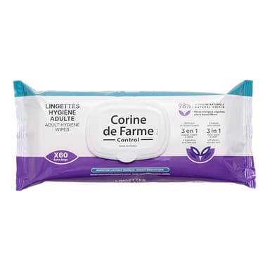 Corine de Farme, Lingettes Hygiène Adulte Extra-Larges x60 - Nettoyage Doux pour Peaux Sensibles, Parfumées, 99% d'Ingrédients Végétaux, Aloe Vera, Idéales pour Visage et Corps