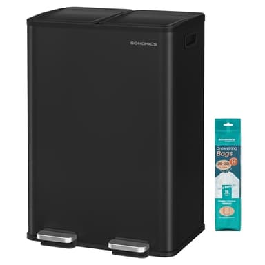 SONGMICS Poubelle de Cuisine, 2 x 30 L, 2 Compartiments, Poubelle à Pédale, Couvercle à Fermeture Douce, avec Seaux Intérieurs, Acier, 15 Sacs Poubelle Inclus, Noir d’Encre LTB741B02