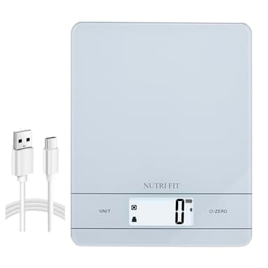 NUTRI FIT Balance de cuisine numérique rechargeable, balance alimentaire à chargement USB-C pour la cuisson, large plate-forme de pesée en verre trempé, écran LCD rétroéclairé, 11 lb/5 kg, Blanc