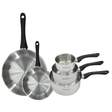 Fackelmann 9443850 Set 2 poêles 20 et 28 cm et 3 casseroles 12 16 et 20 cm en inox 18/8, tous feux, induction, sans PFAS, Acier inoxydable 18/8, 12 16 20 28 cm, Gris Pierre