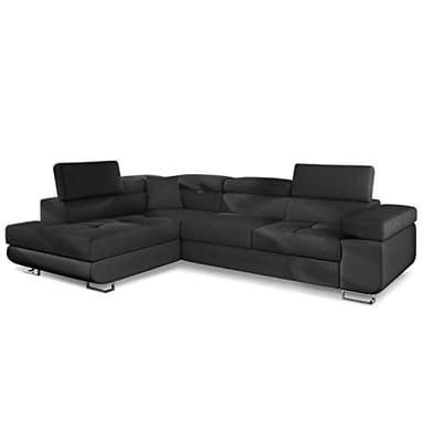 Menzzo Canape Convertible d’Angle Simili Noir | Pieds chromés | Canape Lit avec têtière relevable| Large Accoudoir et Coussins Moelleux | Assise Confortable | L275 x P202 x H90 cm
