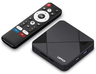 LEFFOT Android 14 TV Box 2025, RK3518 4K Ultra HD Boitier TV, 2Go RAM 16Go ROM, Boitier Smart TV avec Télécommande Vocale, HDR10, 2.4G & 5G WiFi 6, BT 5.4, USB 3.0, 100M Ethernet, RK3518 Quad Core A53