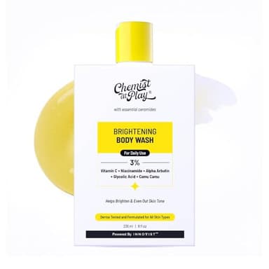 Chemist at Play Brightening Body Wash | Glowing Skin Vitamin C Bodywash | Helps to Reduce Fades Dark Spots, Evens out Skin Tone | Alpha Arbutin | 30X Vitamin C with Camu Camu | For Women & Men | 236ml