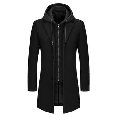 KUDMOL Manteau Homme en Laine à Capuche Amovible Chaud Long Trench-Coat pour Hiver Caban Parka Homme Slim Fit(Noir,L)