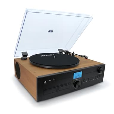 Mooov 477365 Micro-chaîne HiFi avec Radio, Lecteur CD et Platine Vinyle 33, 45, 78 Tours Stéréo Bluetooth - Haut-Parleur Intégrés - Effet Bois