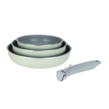 Sitram 716940 Lot de 3 Poêles en Aluminium gamme FAMILY Ø 20,24,28 cm - Revêtement Antiadhésif Sain en Céramique effet pierre - Coloris vert - manche amovible SITRAMOVIBLE - Tous feux dont Induction