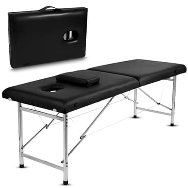 Fitby Table de Massage Pliante Professionnelle Maya 2 Plans, Légère et Ergonomique avec Poignée Intégrée, Revêtement en Cuir Synthétique, Confort Optimal (Aluminium, Noir)