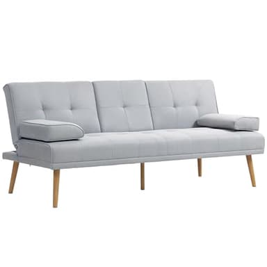 HOMCOM Canapé Convertible 3 Places, canapé-lit rembourré avec Dossier réglable 3 Niveaux, 2 Coussins et 2 Porte-gobelets intégrés, Tissu de Lin, pour Salon, Chambre d'amis, Petit Espace, Gris Clair