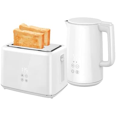 HOMCOM Ensemble bouilloire et grille-pain 2200 W, bouilloire en inox 1,5 L avec isolation et grille-pain 2 tranches, 7 niveaux de brunissage, décongélation, réchauffage et plateau à miettes, crème